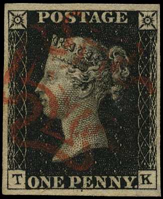 1840 1d black, plate 6 (TK) 4 good margins,...