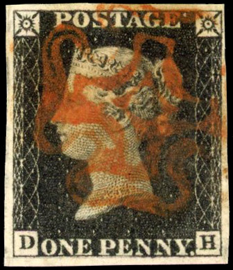 GB 1840 1d black Plate 2 (DH) four margins, central red Maltese Cross SG 2