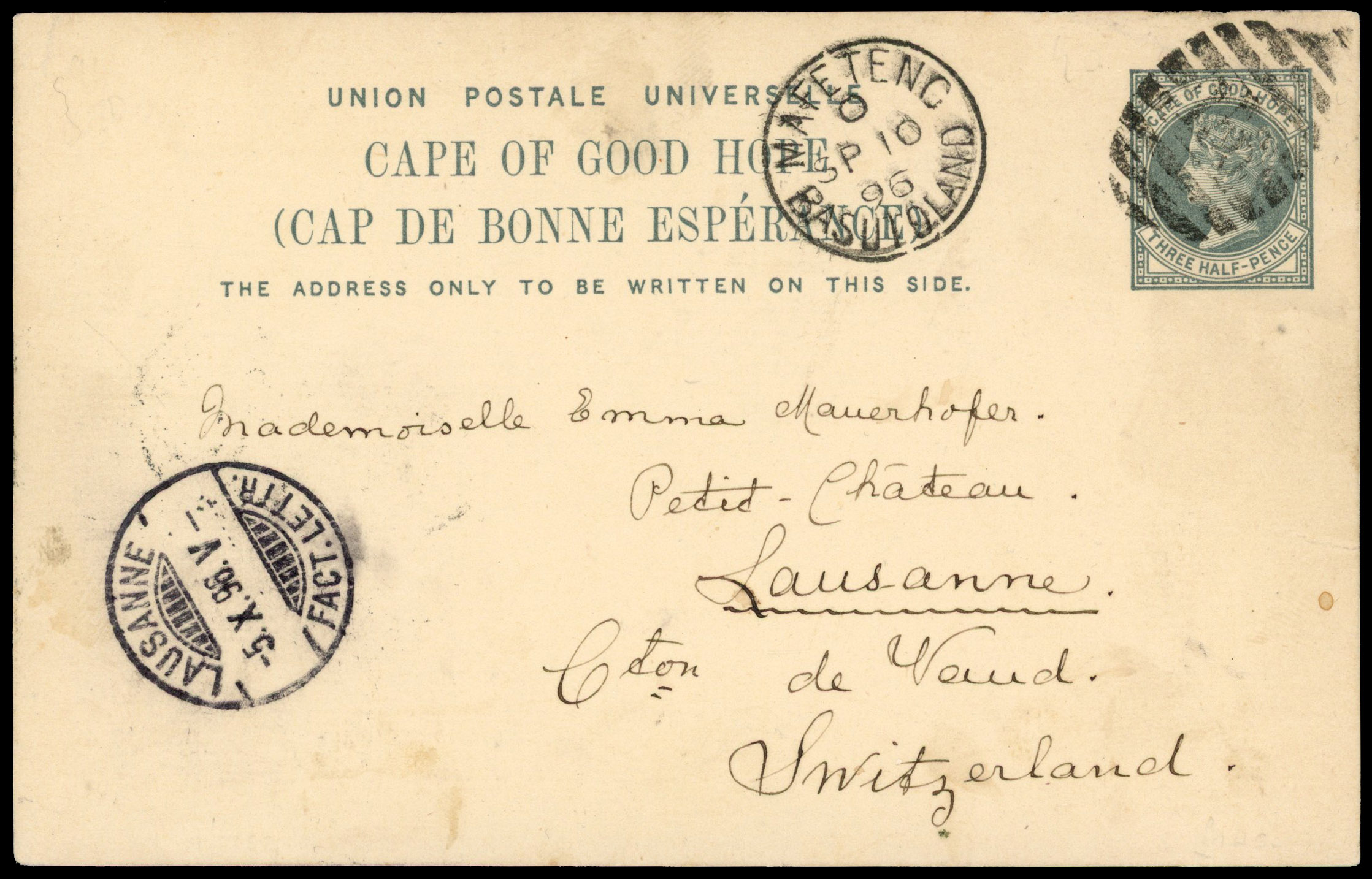 1896 1½d COGH stationery postcard to Switzerland cancelled barred ‘156’ with ‘MAFETENG/BASUTOLAND/SP10 96’