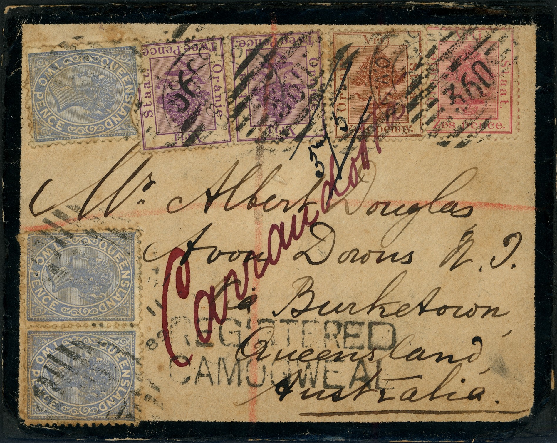 Orange Free State 1889 registered mourning envelope to Burketown,...