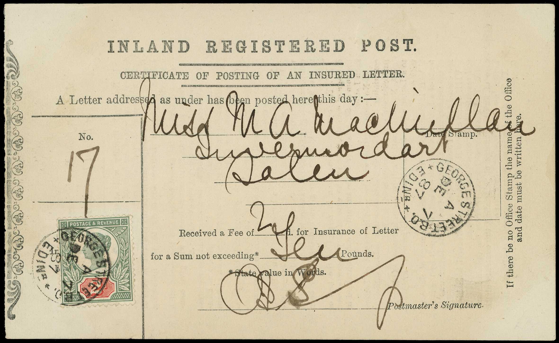Postal History. 1887 INLAND REGISTERED...