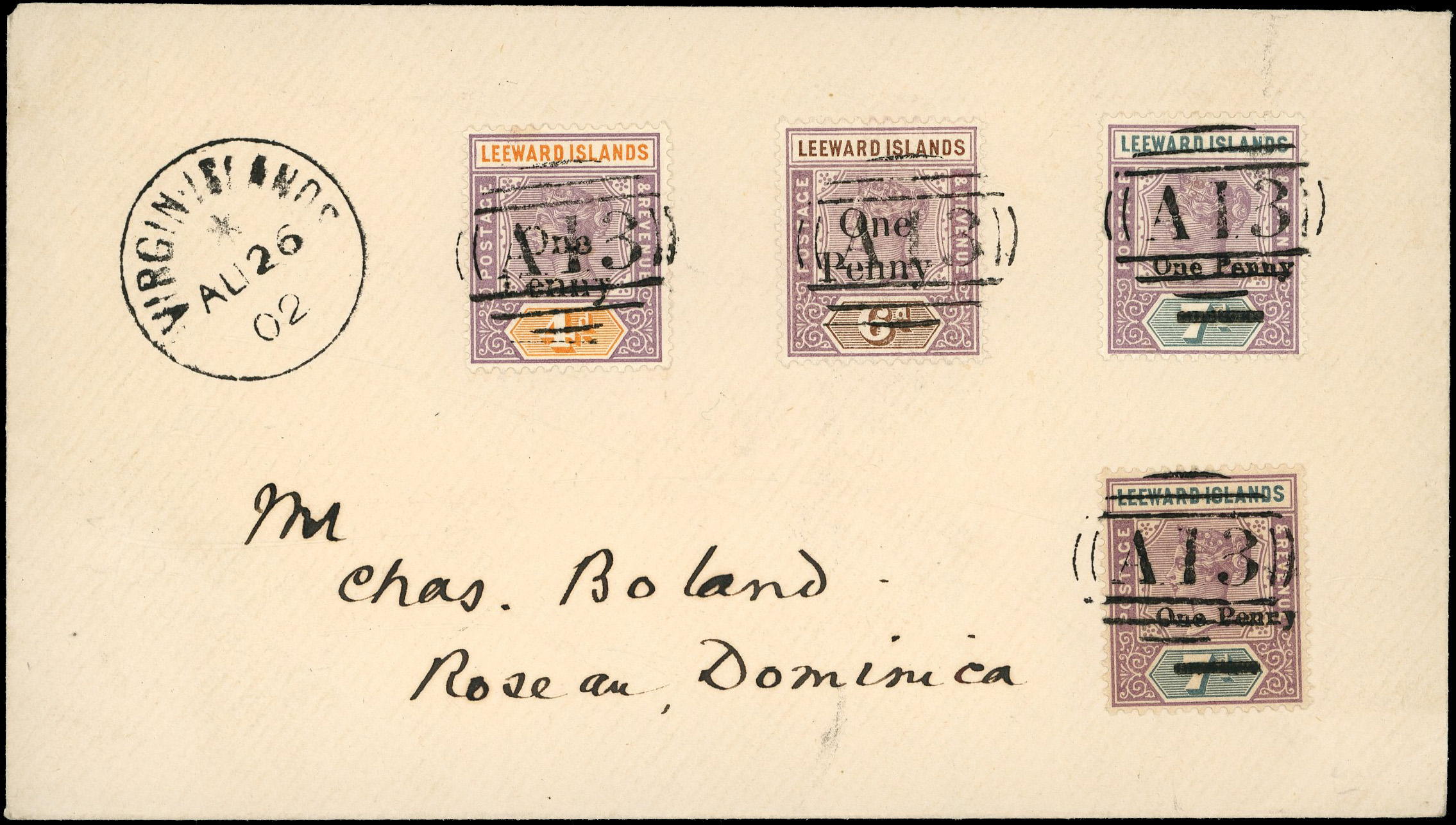 POSTAL HISTORY: 1902 Set of three Leeward Island surcharges all tied by A13 cancels to Dominica
