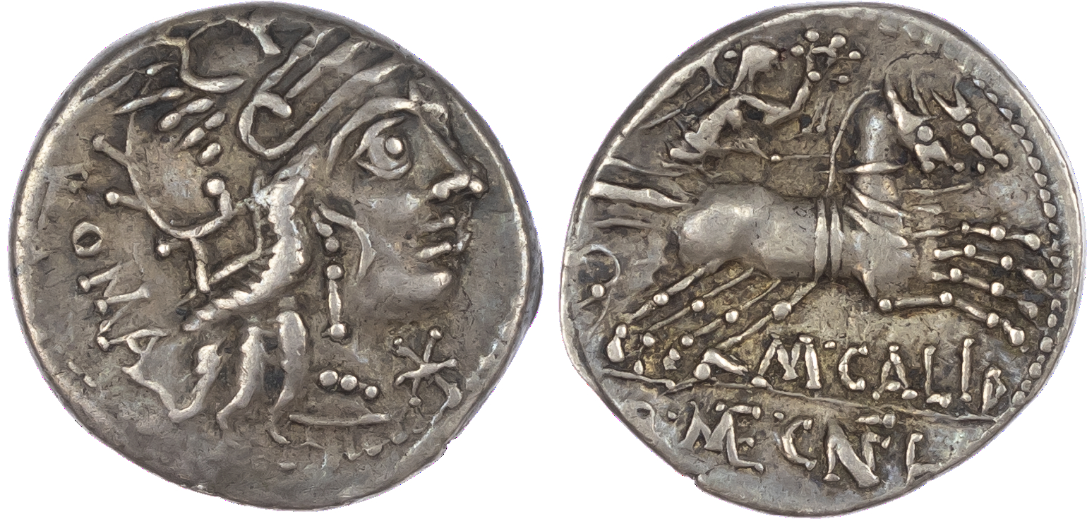 M. Calidius, Q. Metellus and Cn Fulvius (117-116 BC) AR Denarius, Rome, 3.89g. ROMA, helmeted head of Roma facing right,
