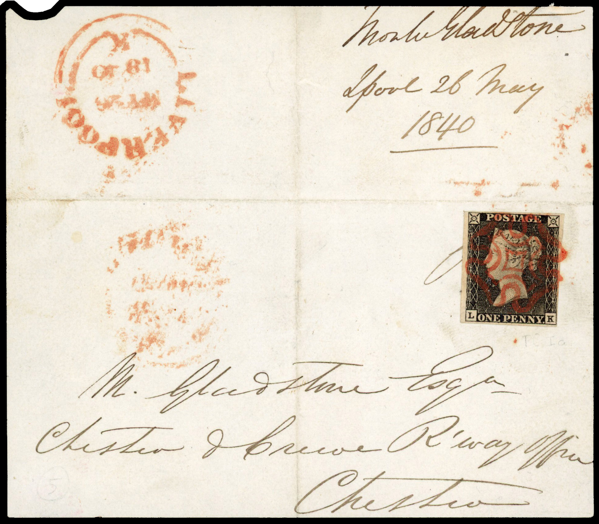 1840 1d Black Pl.1a. “May Date”. Large piece sent from Liverpool to Chester MY.26.1840.