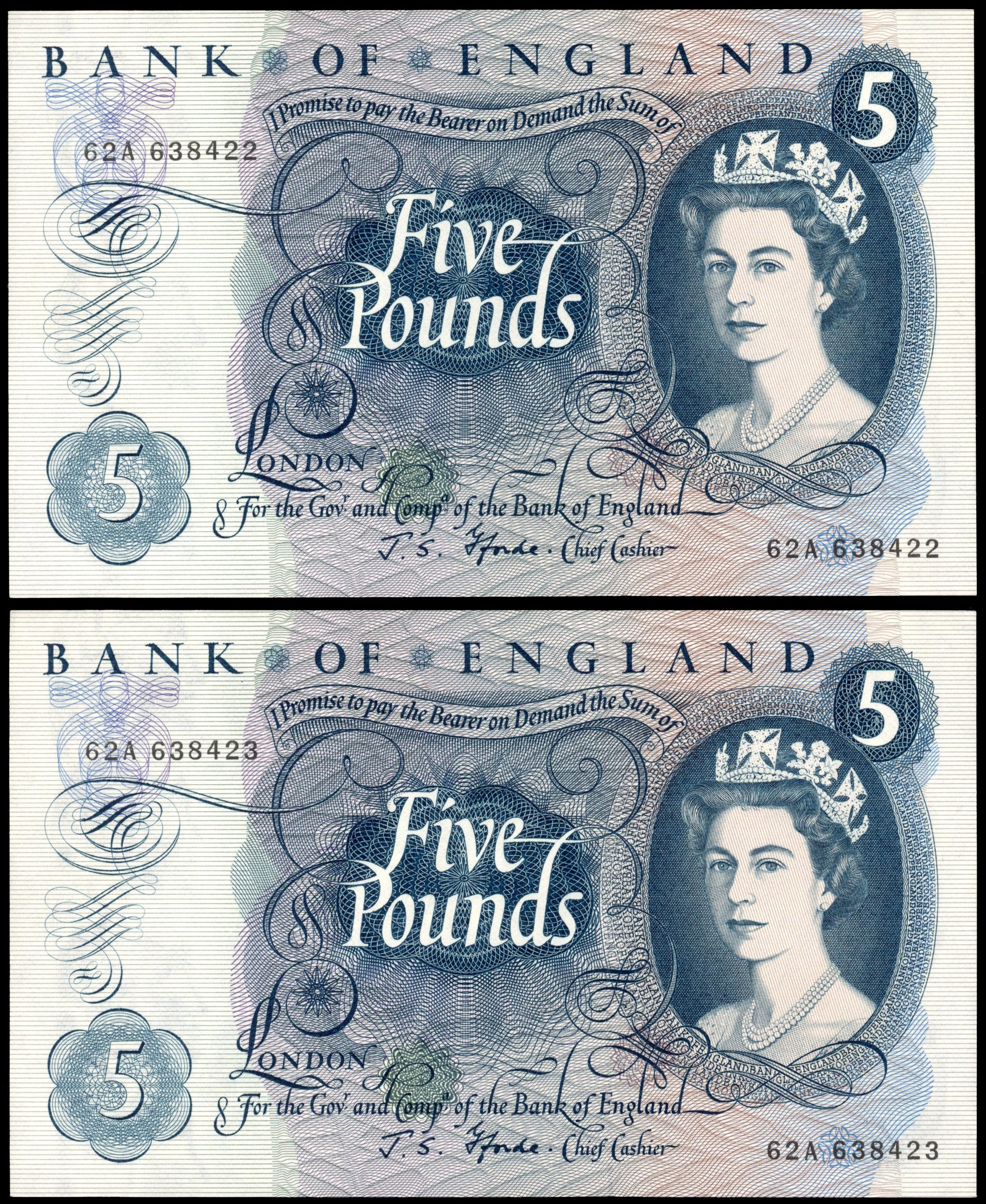 Bank of England, J S Fforde, Five Pounds, Jan. 1967, 62A 638422 and 638423 (consecutive), (Dugg. B314), Both g…