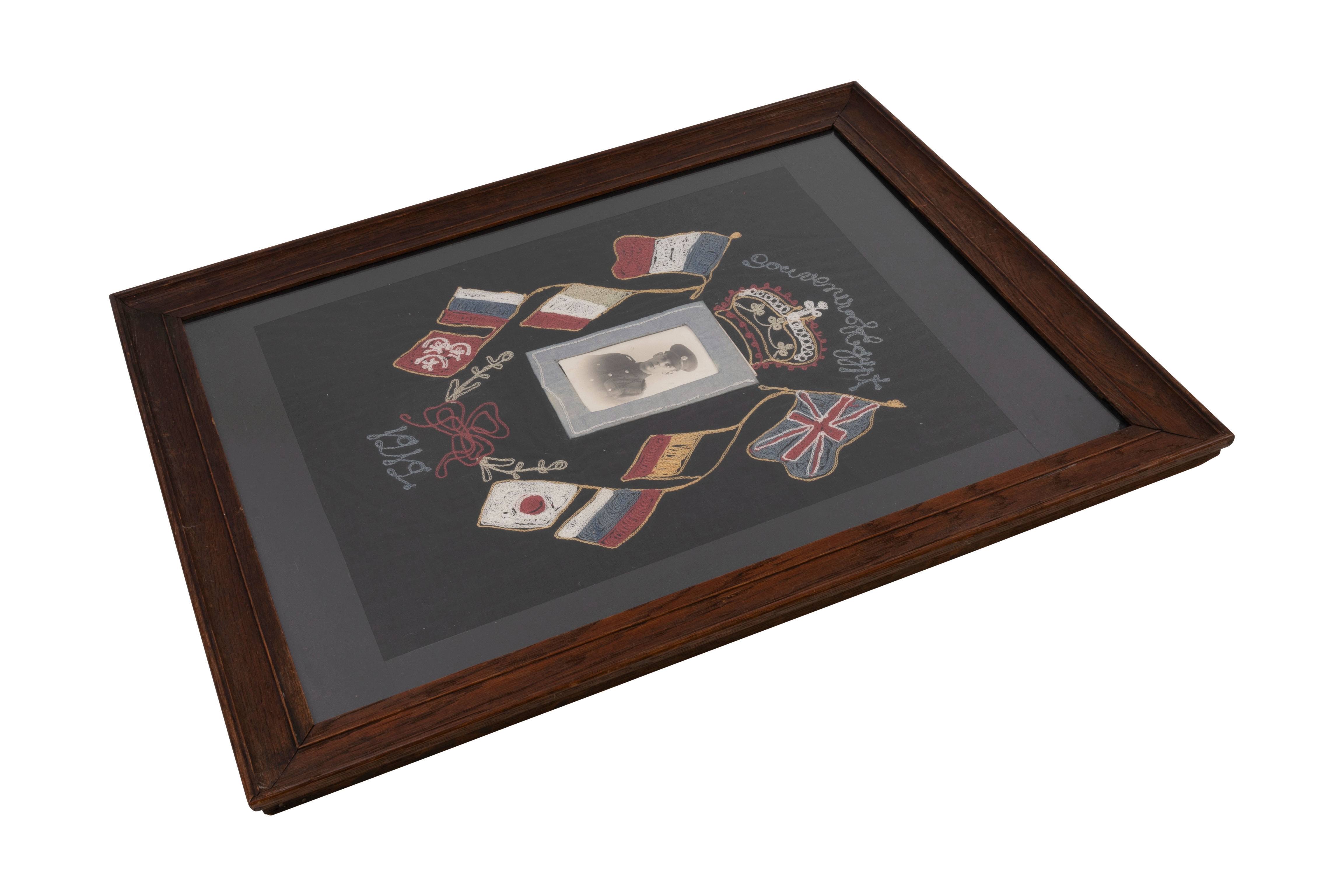 British WWI Embroidery with Photograph, Army Service Corp, Souvenir of Egypt 1919