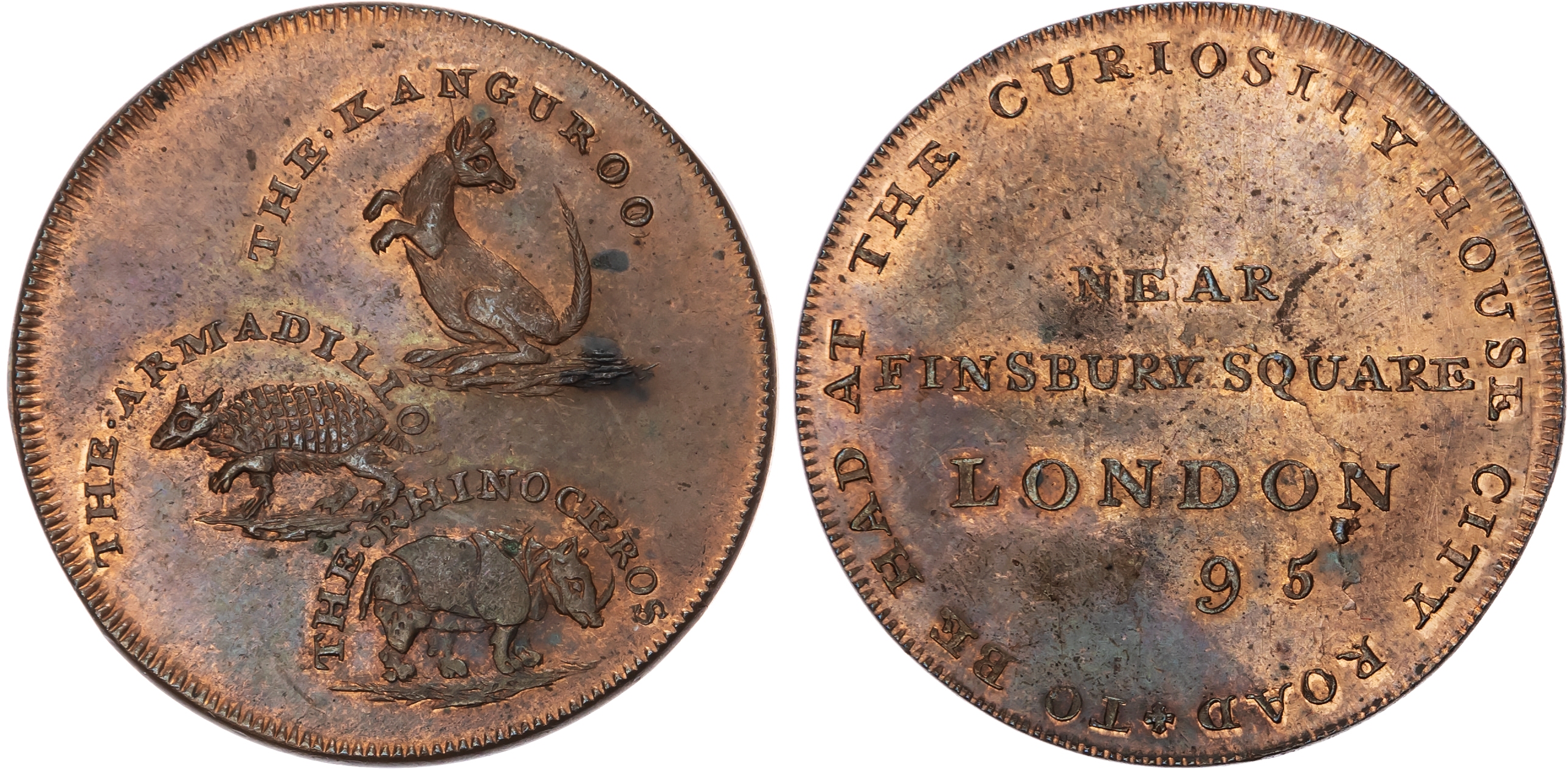 London, City Road, Thomas Hall Halfpenny 1795, Toucan sitting on branch, rev . four-line legend giving address…