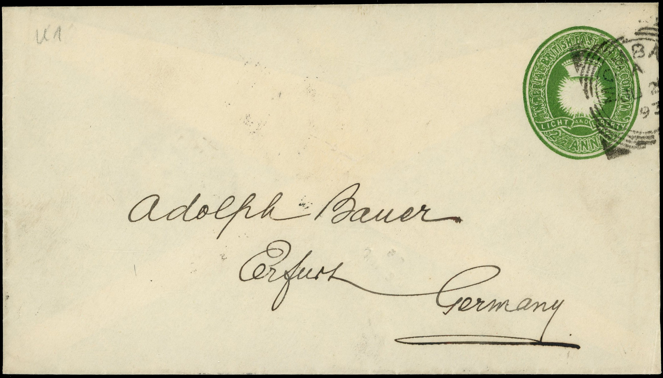 British East Africa POSTAL HISTORY: 1893 2½a green postal stationery envelope (size 146x82mm) to Germany