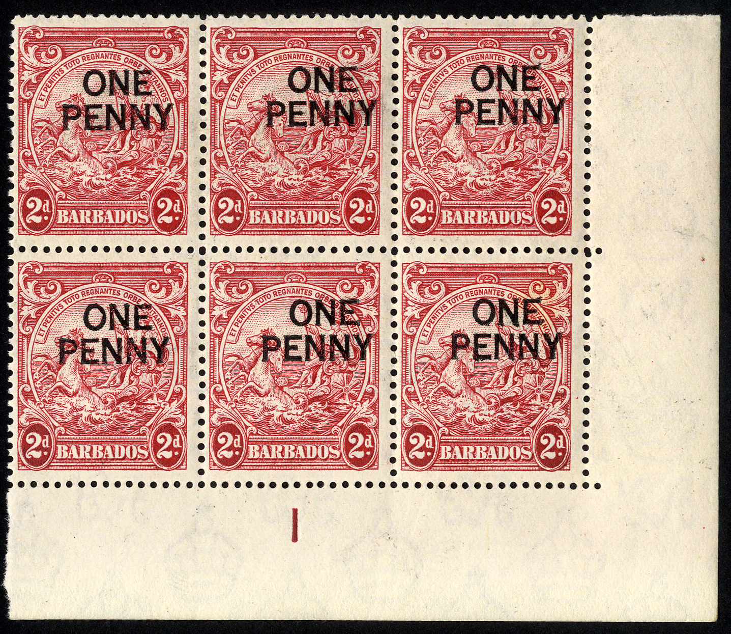 1947 1d on 2d perf 13½ x 13 u/m Plate 1 block of six, R11/9 'extra frameline'. R10/10 with a toned area on reverse; a...