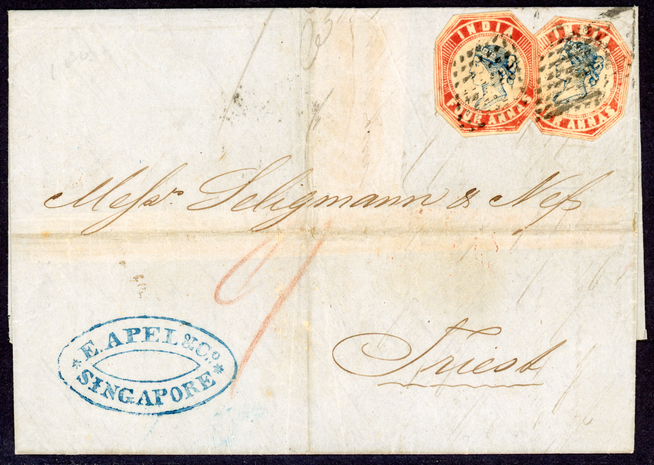 Straits Settlements SG Z66 1856 entire from Singapore to Triest with India 1854 4a x2