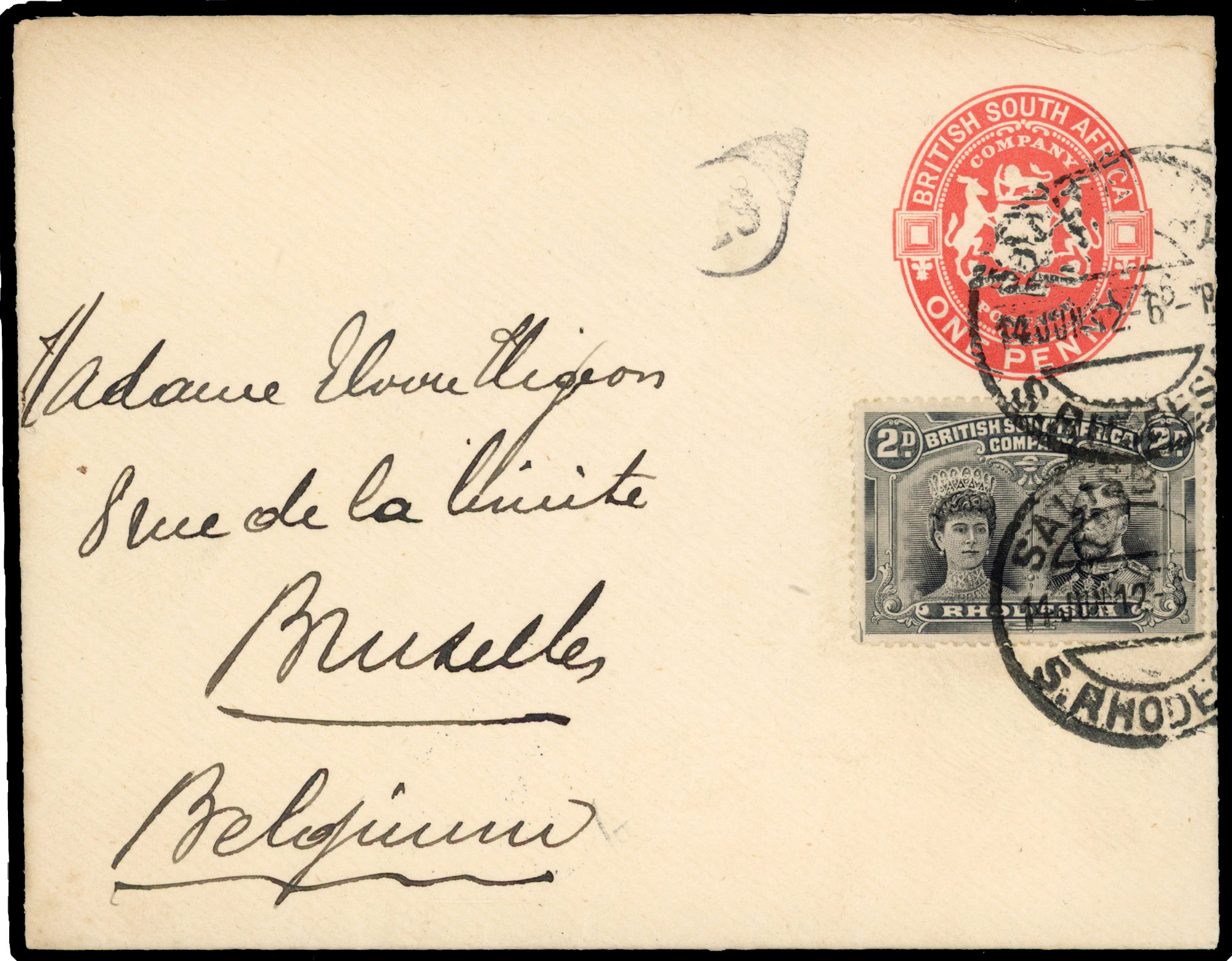 Rhodesia 1912 1d vermilion p/s envelope used from Salisbury to Belgium