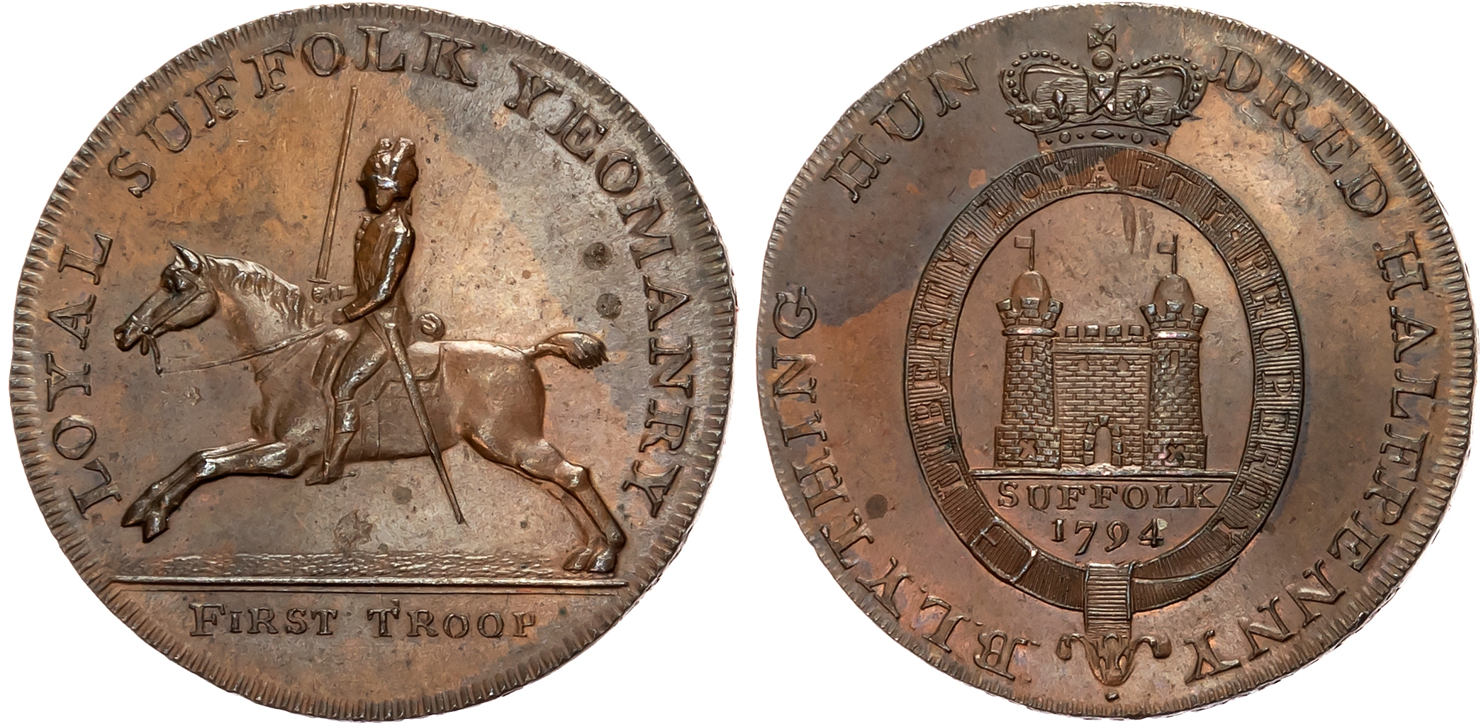 Suff. Blything , Sir John Rous Halfpenny 1794, Mounted Yeoman, rev . Castle in crowned garter, edge GOD SAVE THE KING AN …