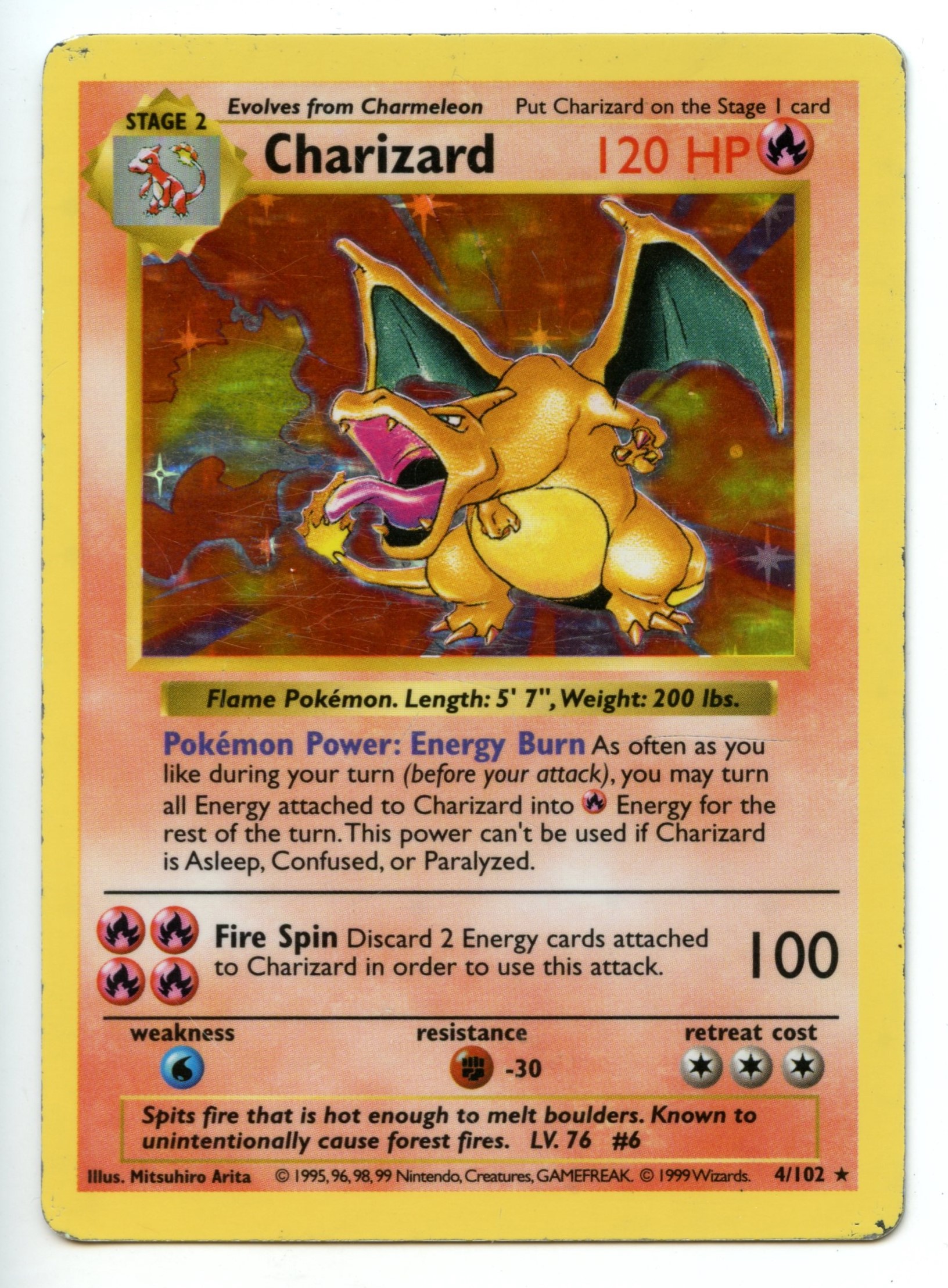 Pokemon TCG  - Charizard  HOLO  - Base Set Shadowless - Heavily Played 