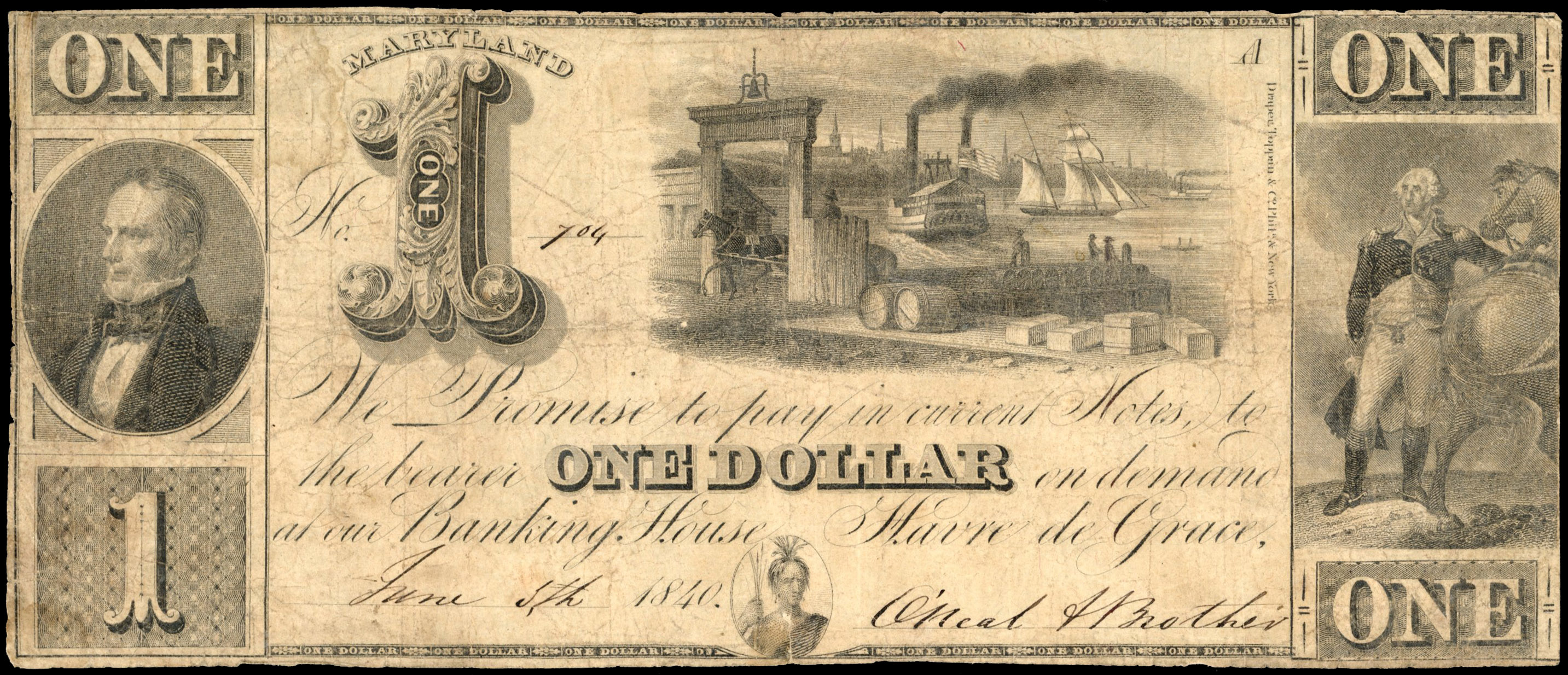 USA, MD. Havre de Grace, O'Neal and Brother Banking House, Uniface One Dollar, 5 Jun 1840. About Fine wit…