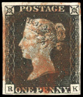 GB: 1840 1d black, Plate 8, (RK) four margins, red MC SG 2