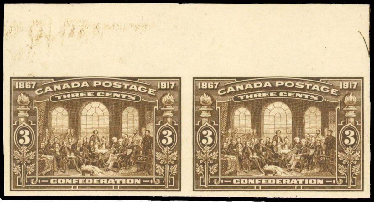 Canada SG 244 var 1917 'Confederation' 3c bistre-brown imperf pair