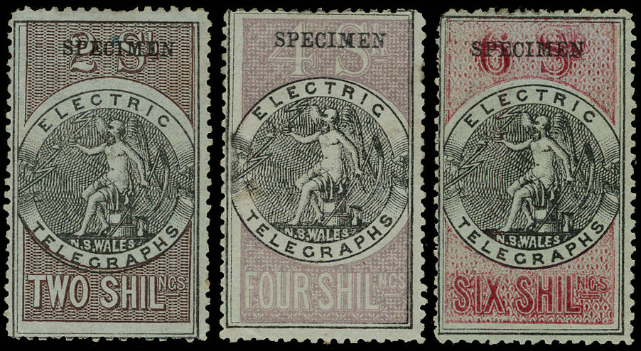 NEW SOUTH WALES 1871 SG T5/T7 Telegraph 2s, 4s, 6s overprinted Specimen