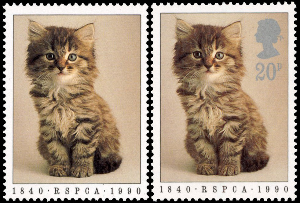 1990 20p Kitten 150th Anniversary of RSPCA, silver (Queen's head and face value) omitted offered with normal for comparison.