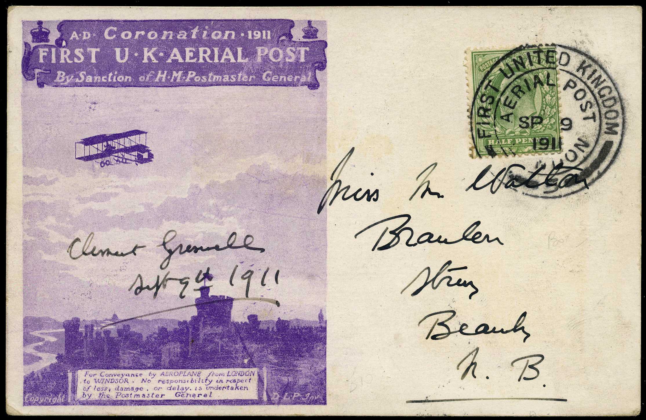 1911 FIRST U.K. AERIAL POST: Violet...