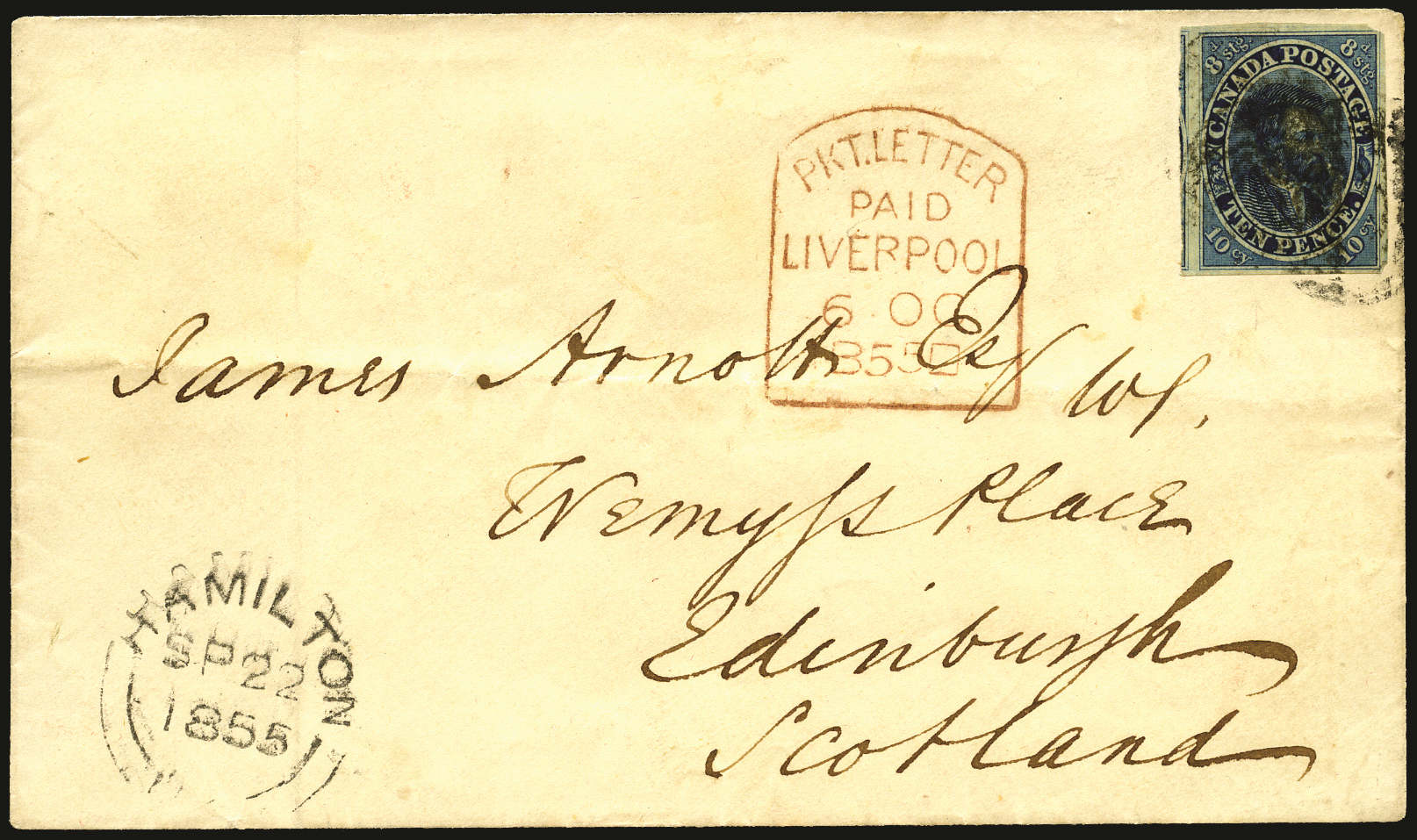 Canada cover from Hamilton to Scotland franked by 10d blue 'Cartier' 