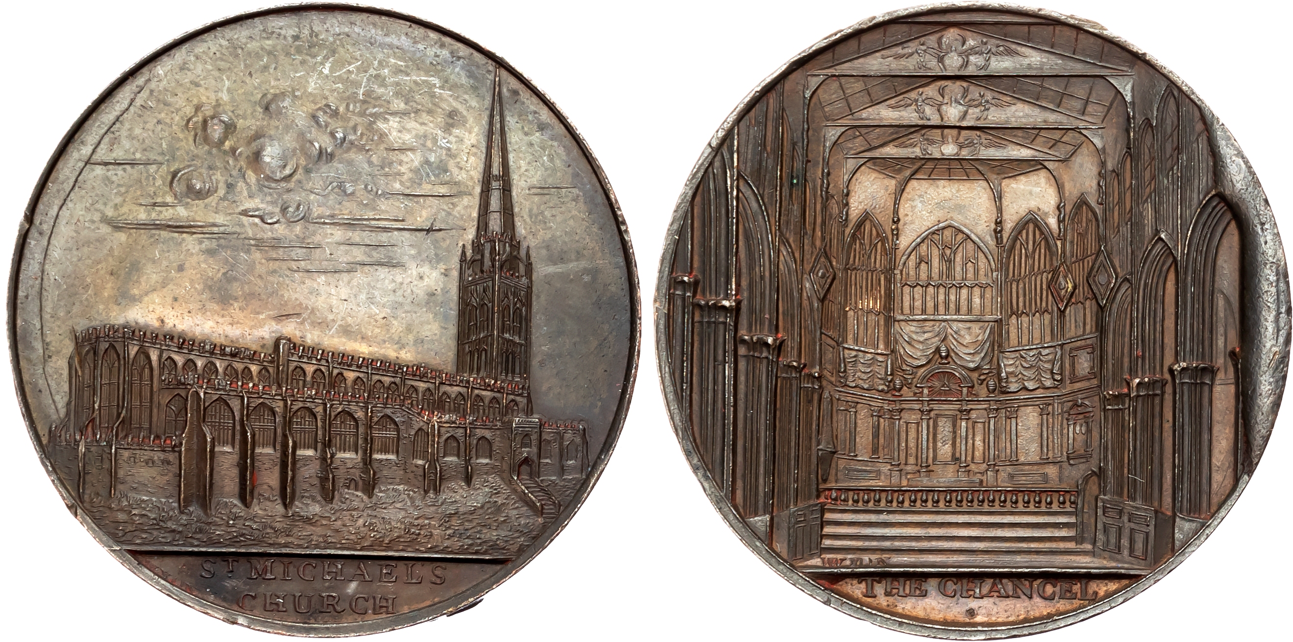 Warks. Coventry , Kempson’s Penny/Medal, Side view of St Michael’s Church (now cathedral), rev . interior of the Chance …