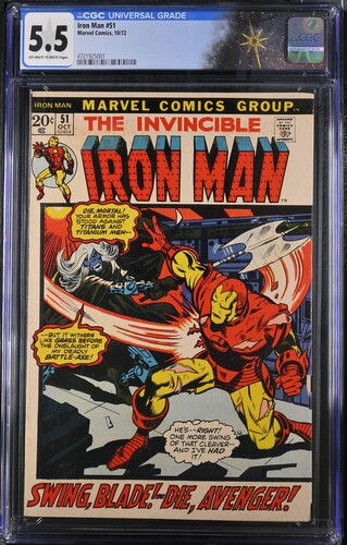 Iron Man #51 CGC 5.5 "Now Stalks the Cyborg-Sinister!" (Marvel Comics, 1972) Off-white to white pages