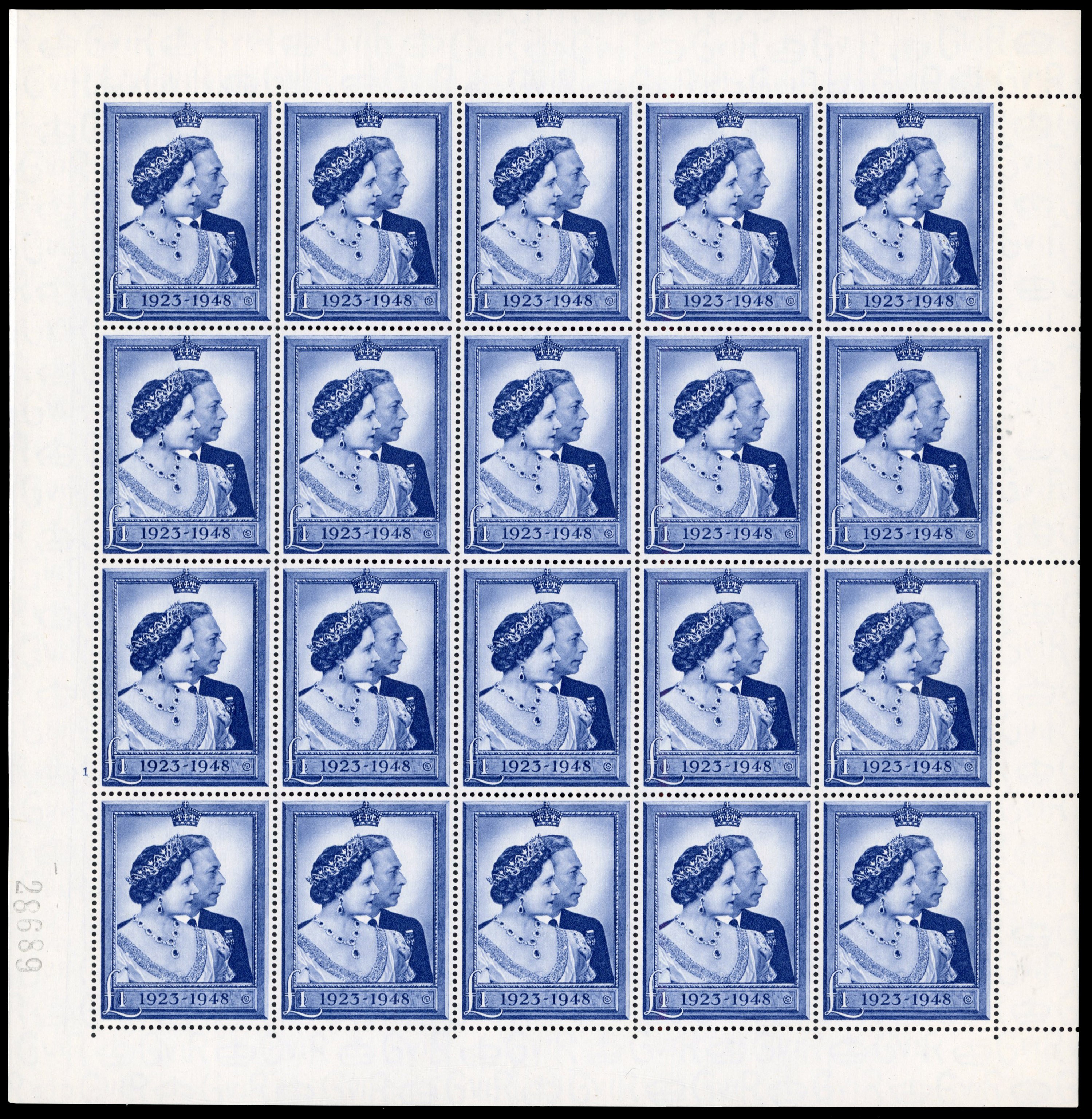 1948 £1 Royal Silver Wedding. Very fine unmounted o.g. complete sheet of 20