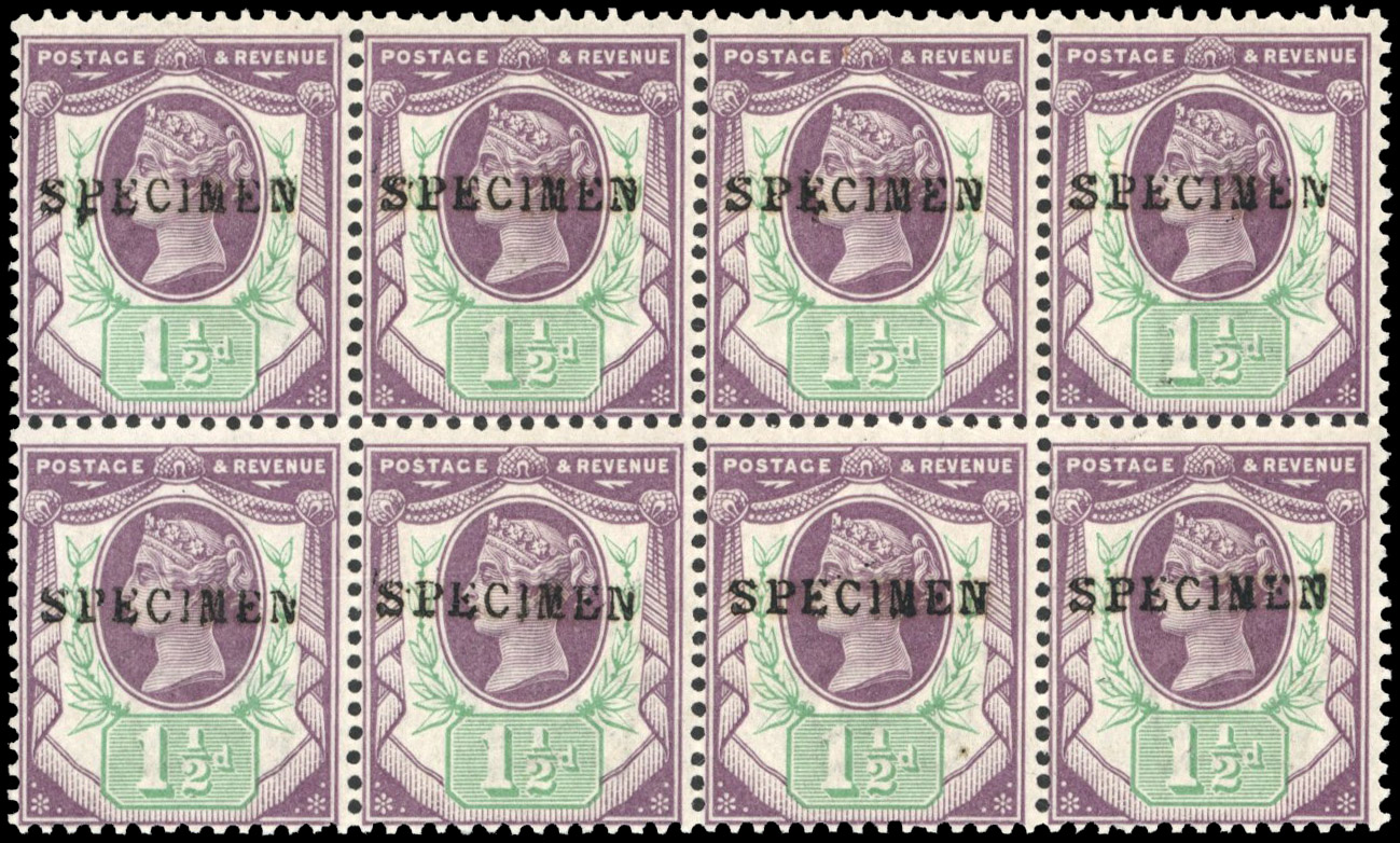 GB 1887-92 1½d dull purple and green, block of 8, optd ‘SPECIMEN’ Type 9, SG 198s
