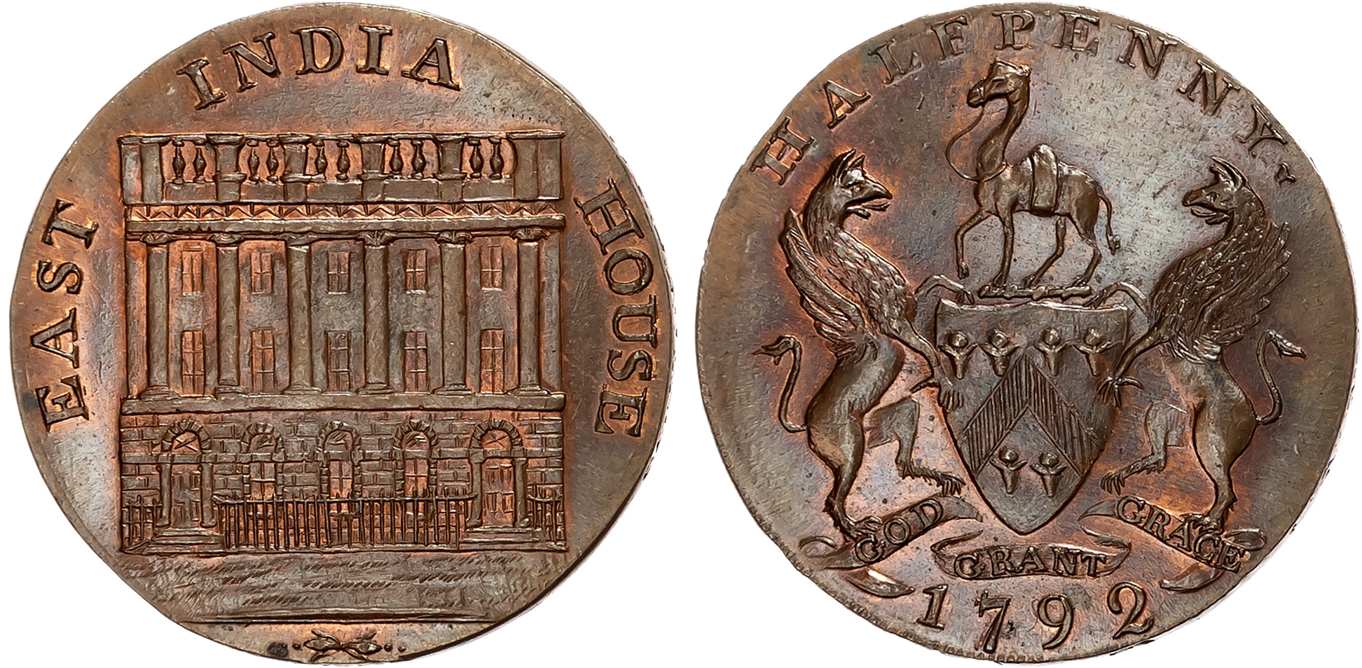 Lancs. Manchester , John Fielding (grocer, tea-dealer) Halfpenny 1792, Grocers’ Arms and supporters, rev. front of East …