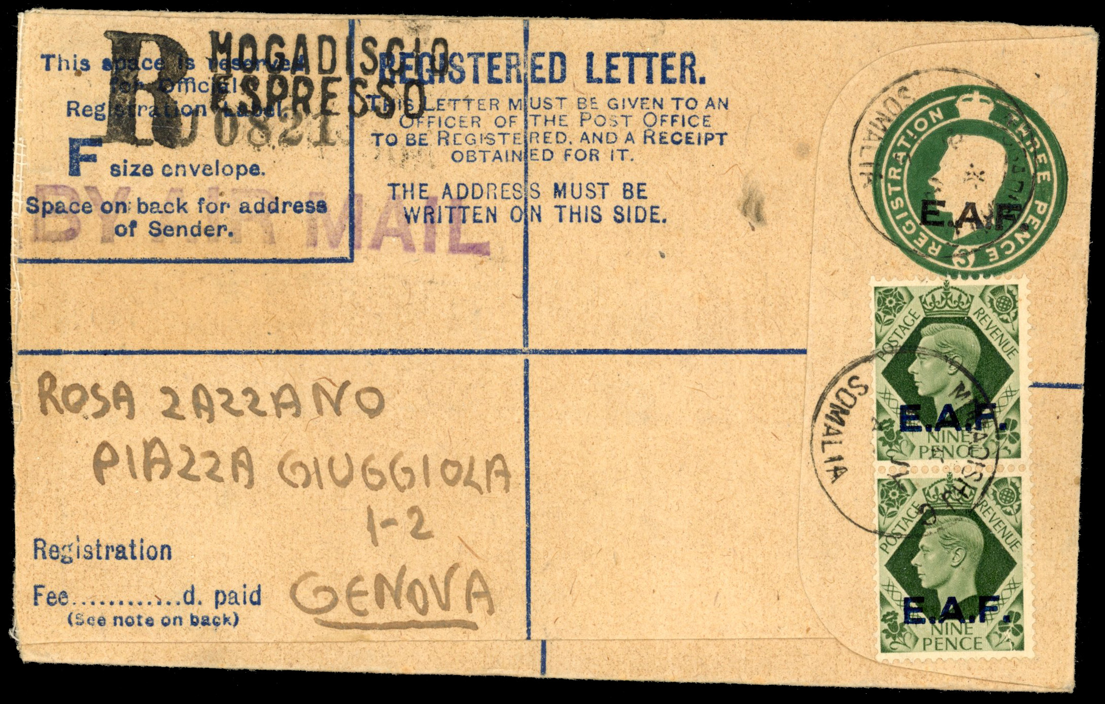 BOIC Somalia 1946 reg. postal stationery envelope