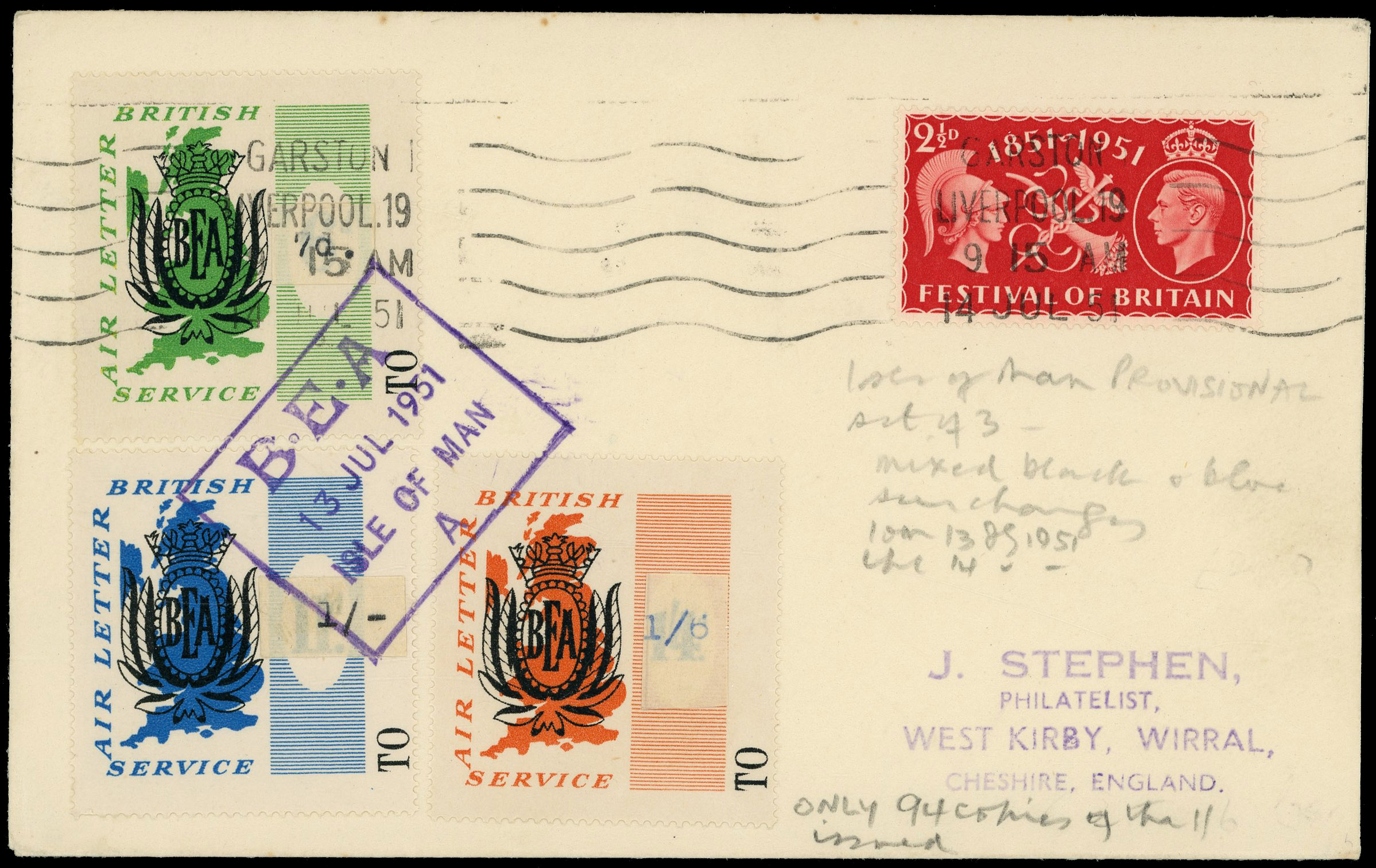 Isle of Man philatelic cover with B.E.A. provisional overprint set of three