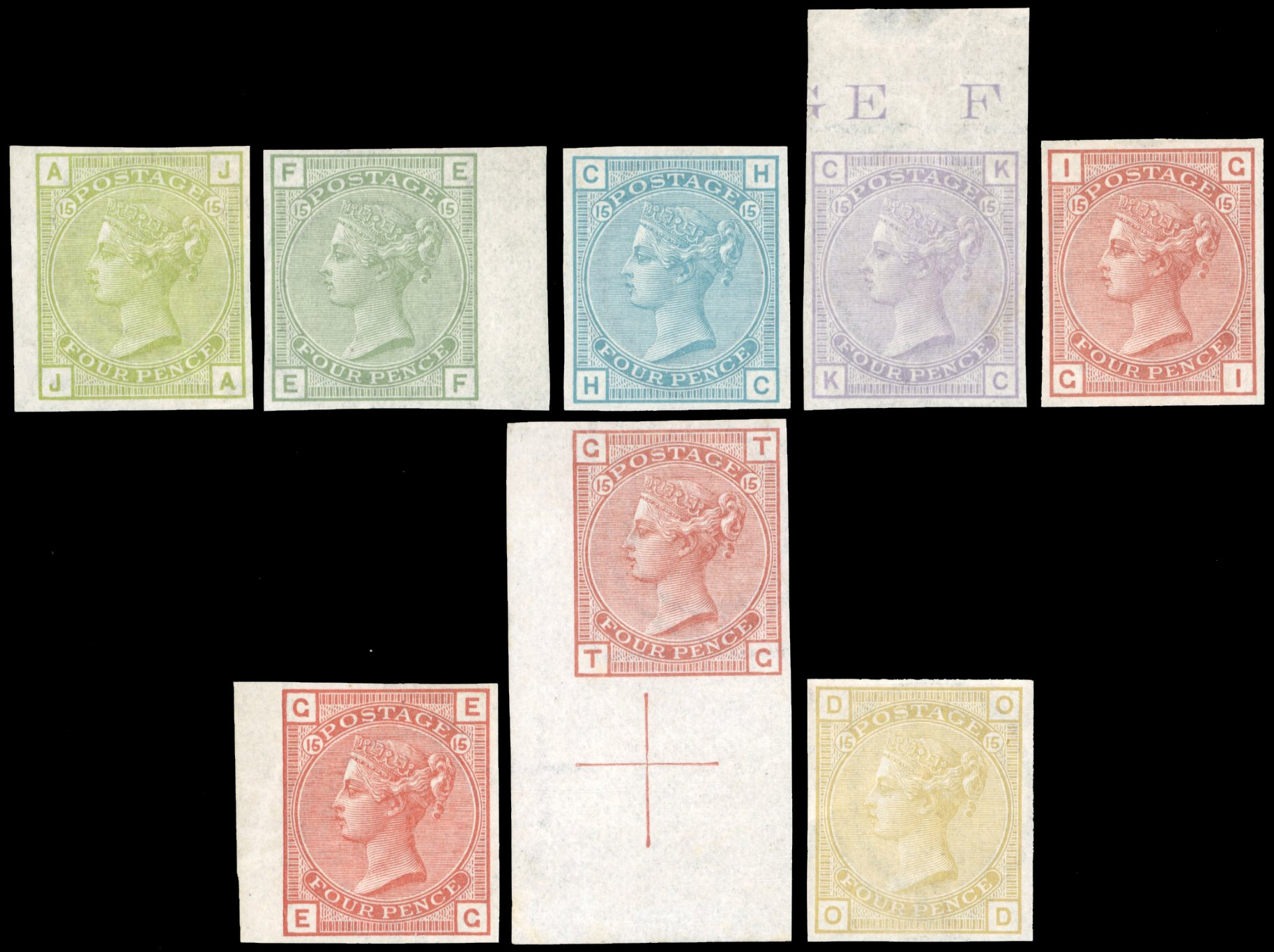 GB 1873-80 4d imperforate colour trials complete set, For SG 153