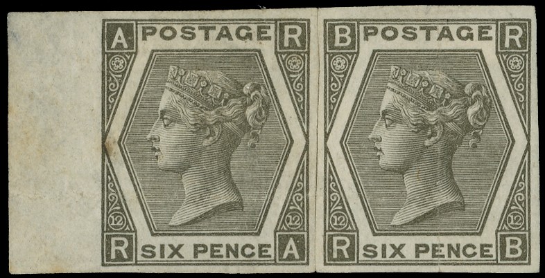 1873 6d Grey Pl.12. (Wmk. Spray) re-joined pair of imperforate examples