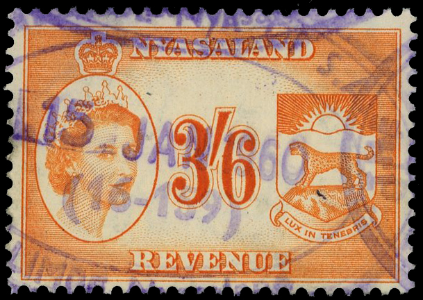 NYASALAND 1955 Revenue 1955 'Arms' 3s6d yellow, fine used
