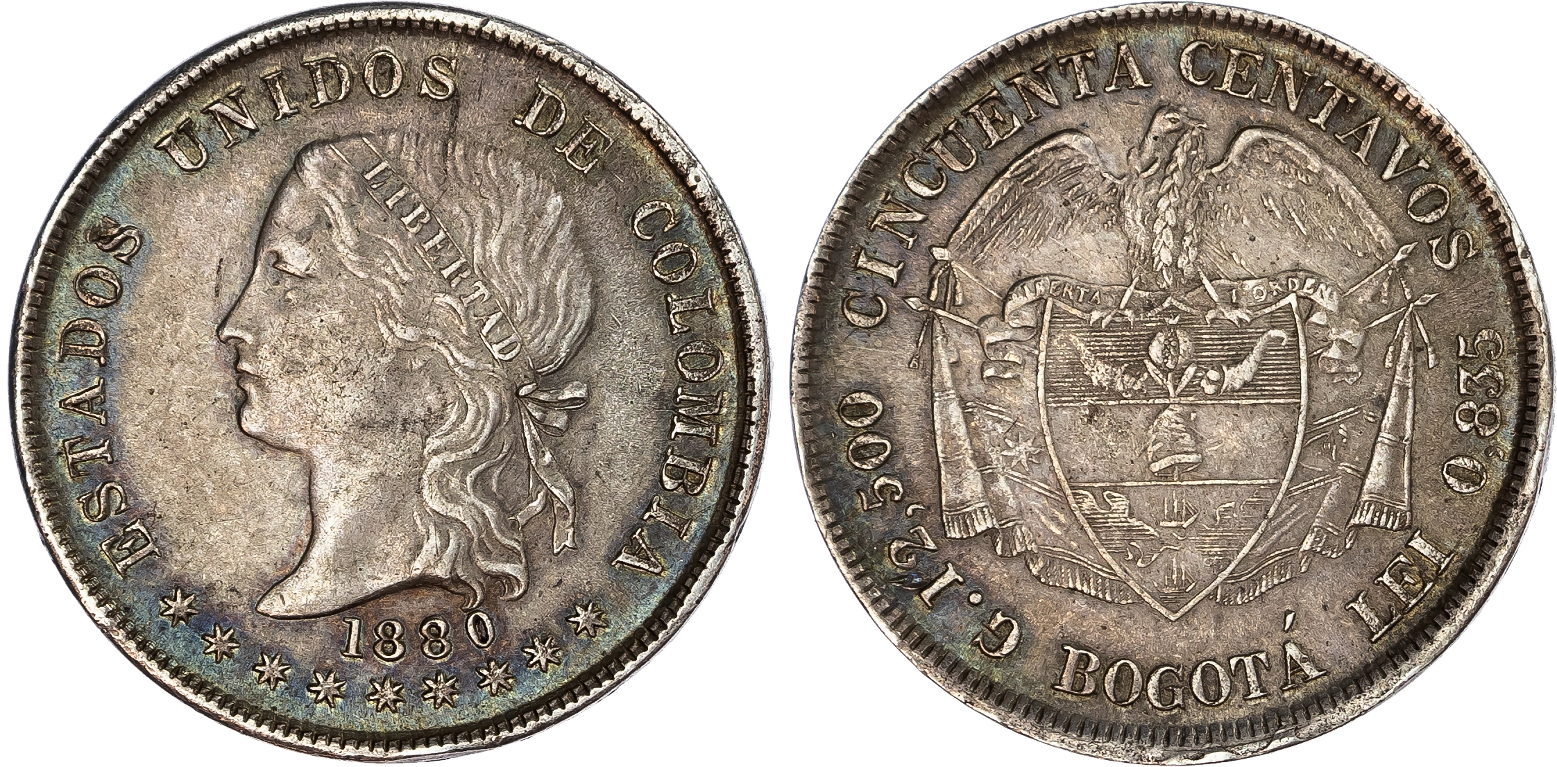 Colombia, United Staes of. Bogota AG 50 Centavos. 1880. 