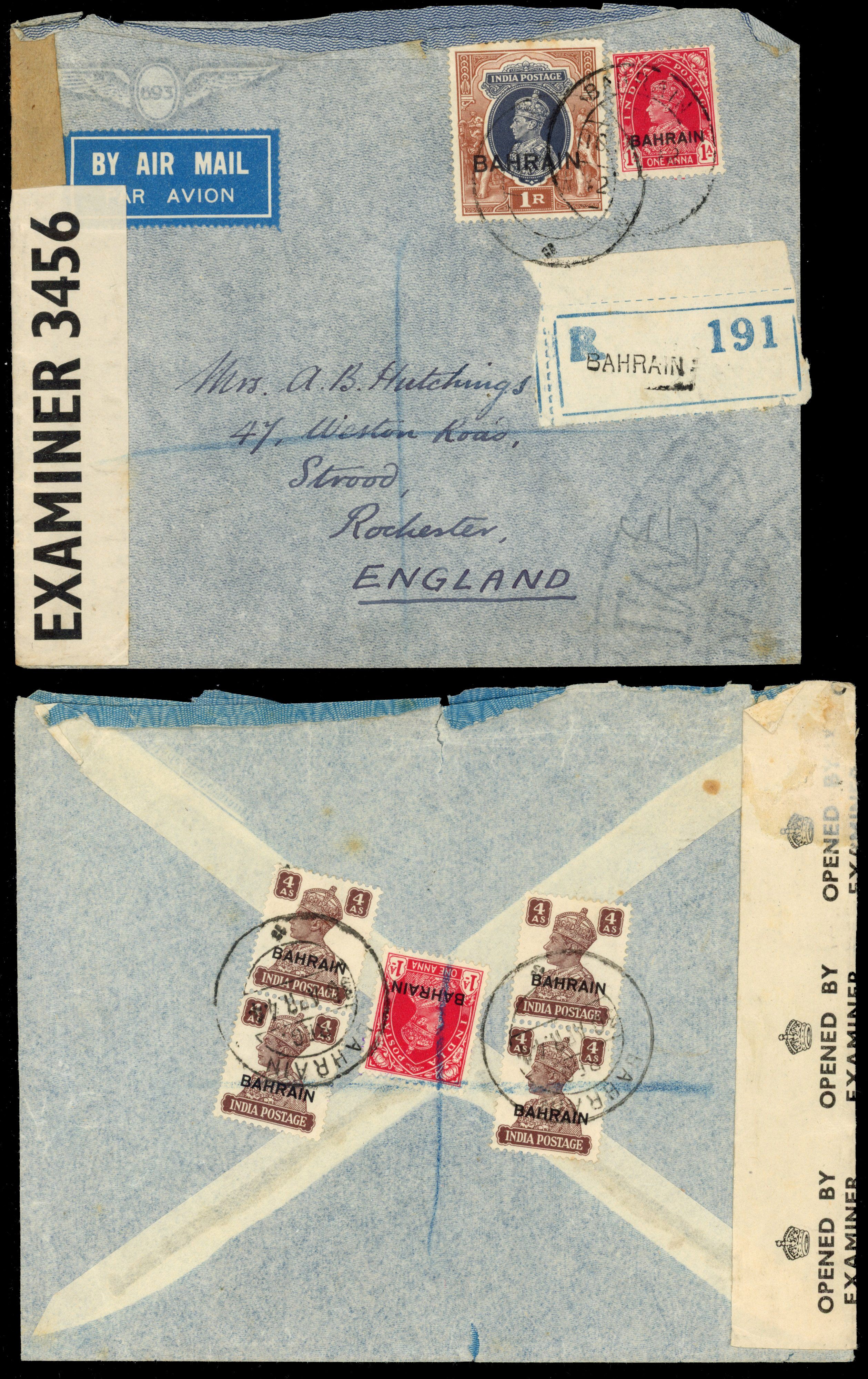 BAHRAIN 1942 and 1944 registered censored airmail covers to London