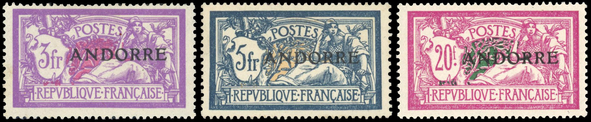 French Andorra 1931 Merson 3f, 5f and 20f varieties mint, SG F20a, F21a, F23a