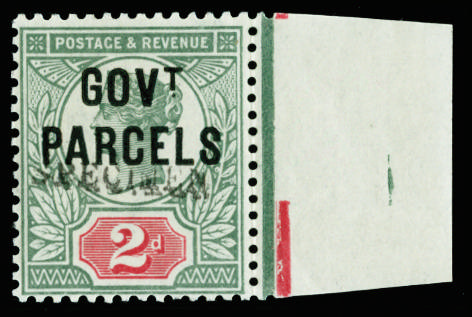 Great Britain 1891 2d Grey green & carmine (Govt. Parcels). Superb unmounted right hand marginal example. Overprin…