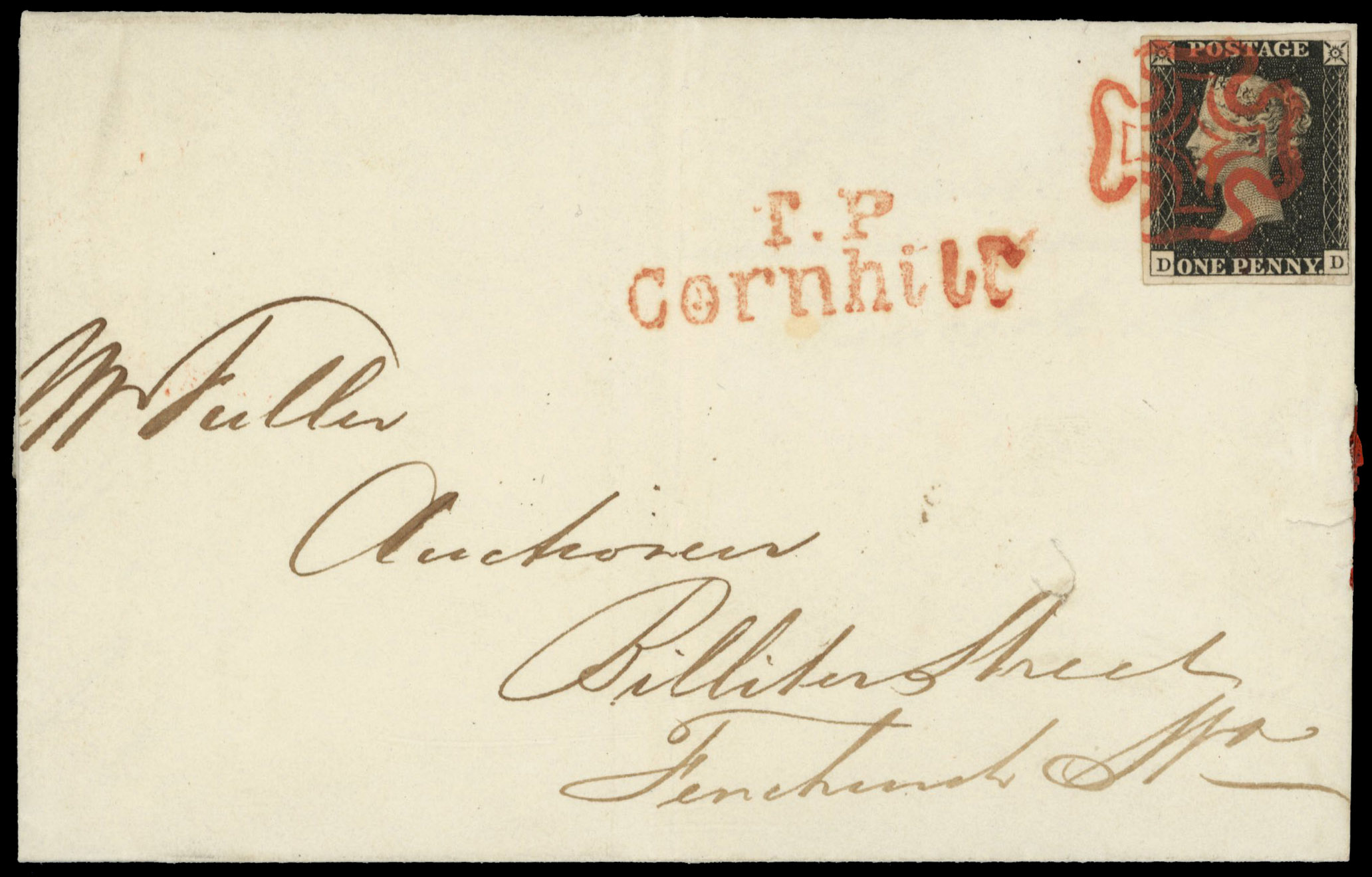 GB 1d black Plate 3 (DD) on cover 