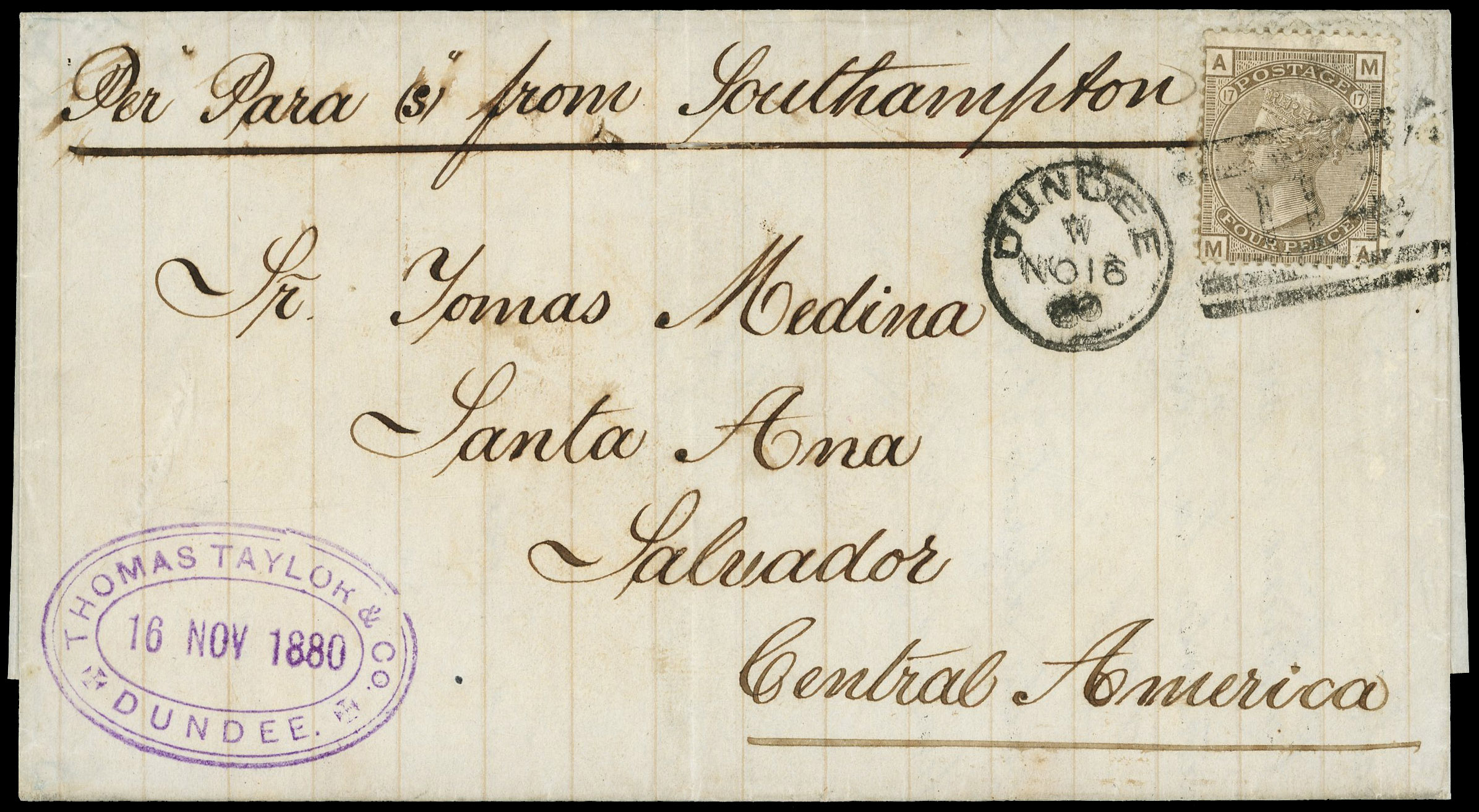 1880 Overseas mail. Very fine entire from Dundee to Santa Ana, Salvador prepaid by a 4d Grey-brown (Wmk. Garter) tied by…