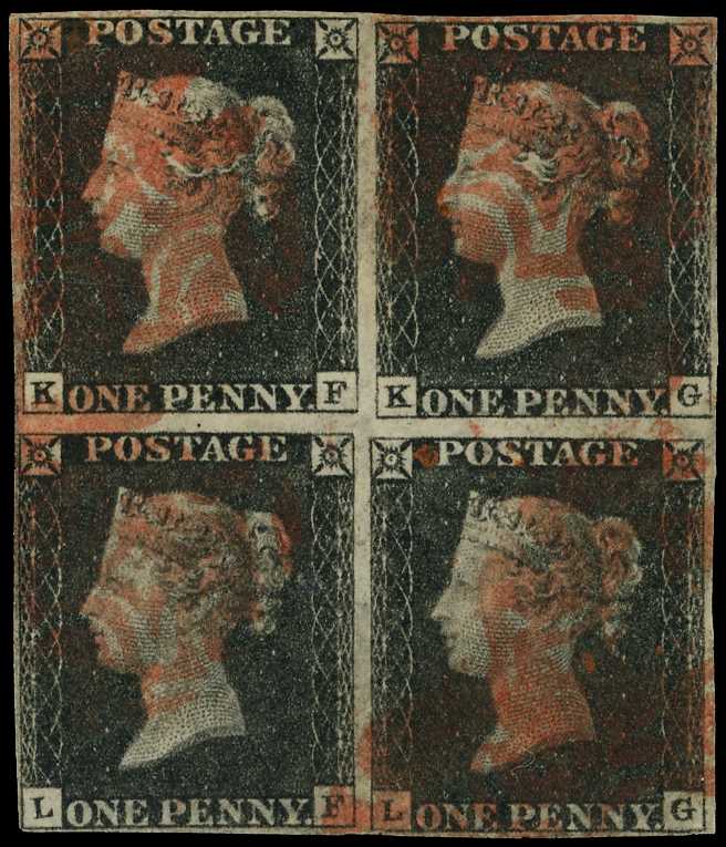 1840 1d black in block of four, plate 4,...