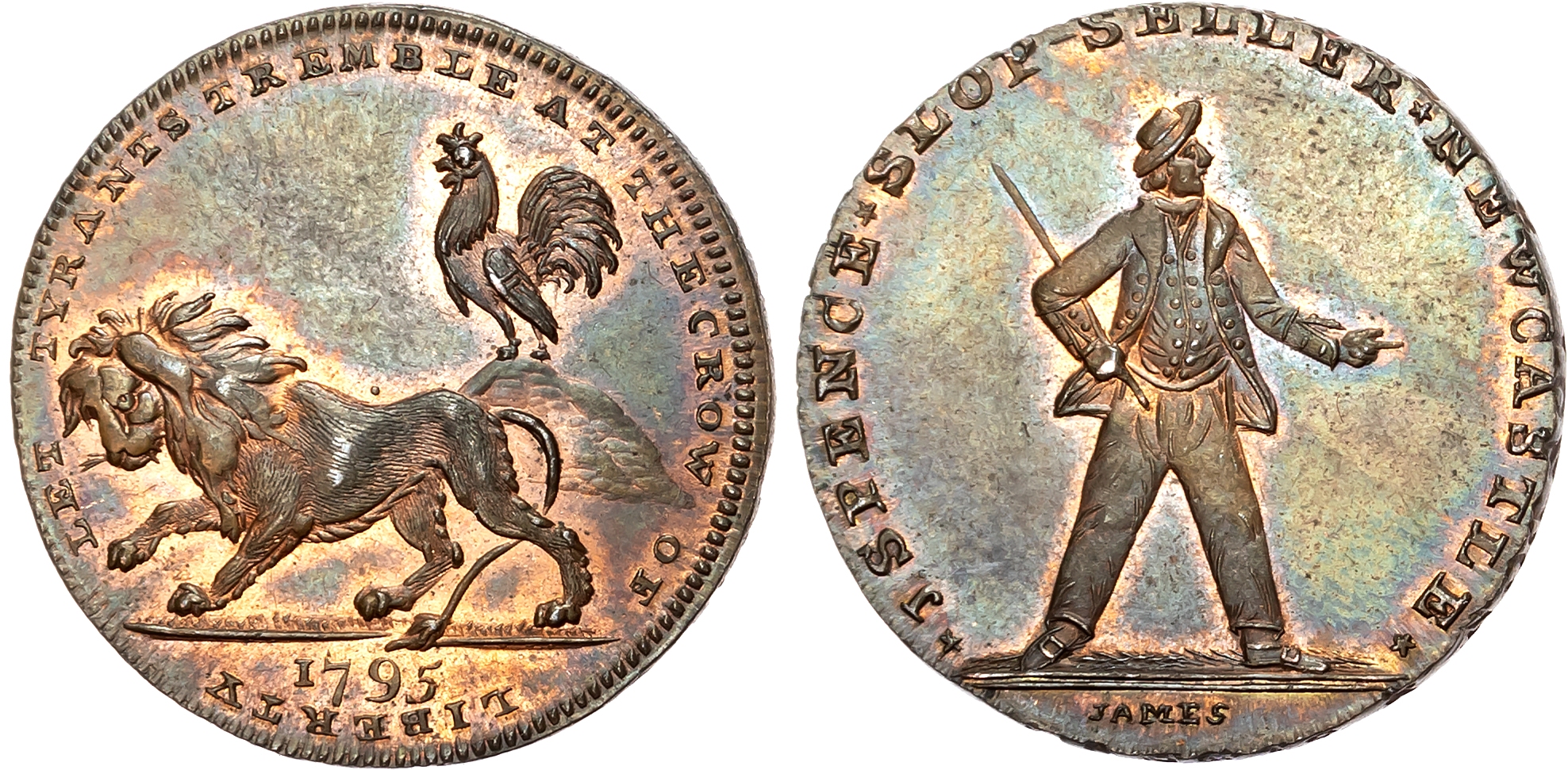 Northumb. Newcastle-upon-Tyne, Thomas Spence mule Halfpenny 1795 , Sailor standing, rev . Lion and Cock, edge SPENCE DEA …