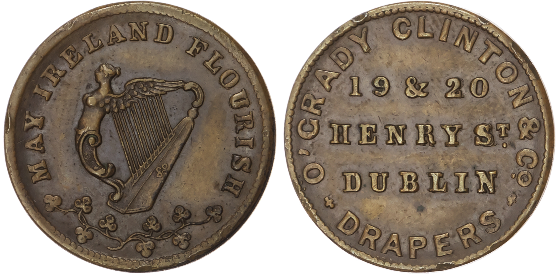Dublin, O’Grady, Clinton & Co. (drapers) farthing (1852). Irish harp over shamrocks/three-line legend, 22mm. (…