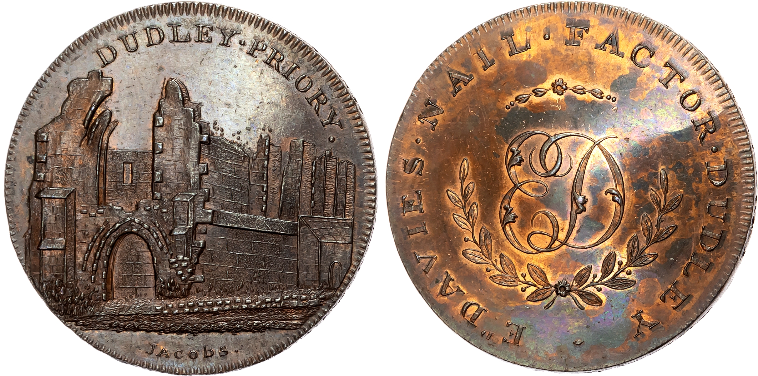 Worcs. Dudley , Edward Davies (nail maker), Skidmore’s Penny 1797, Ruinous view of Dudley Priory, rev . ED cypher in lau …