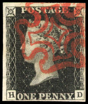 1840 1d black plate 6 (HD) four margins, crisply cancelled with neat red MC SG 2