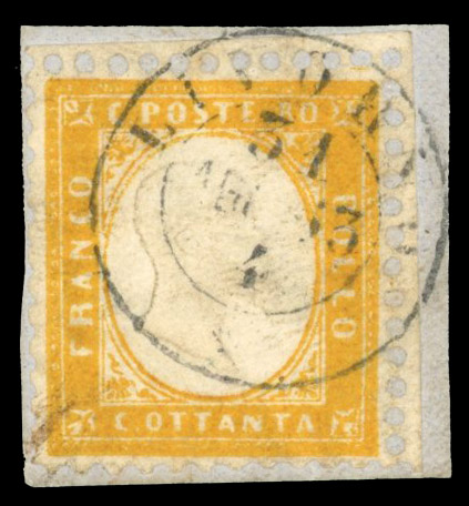 Italy 1862 80c orange-yellow used on piece