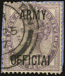 Great Britain 1896 1d Lilac (Die II, Army Official). Very fine used example showing "OFFICIAI" variety from positi…