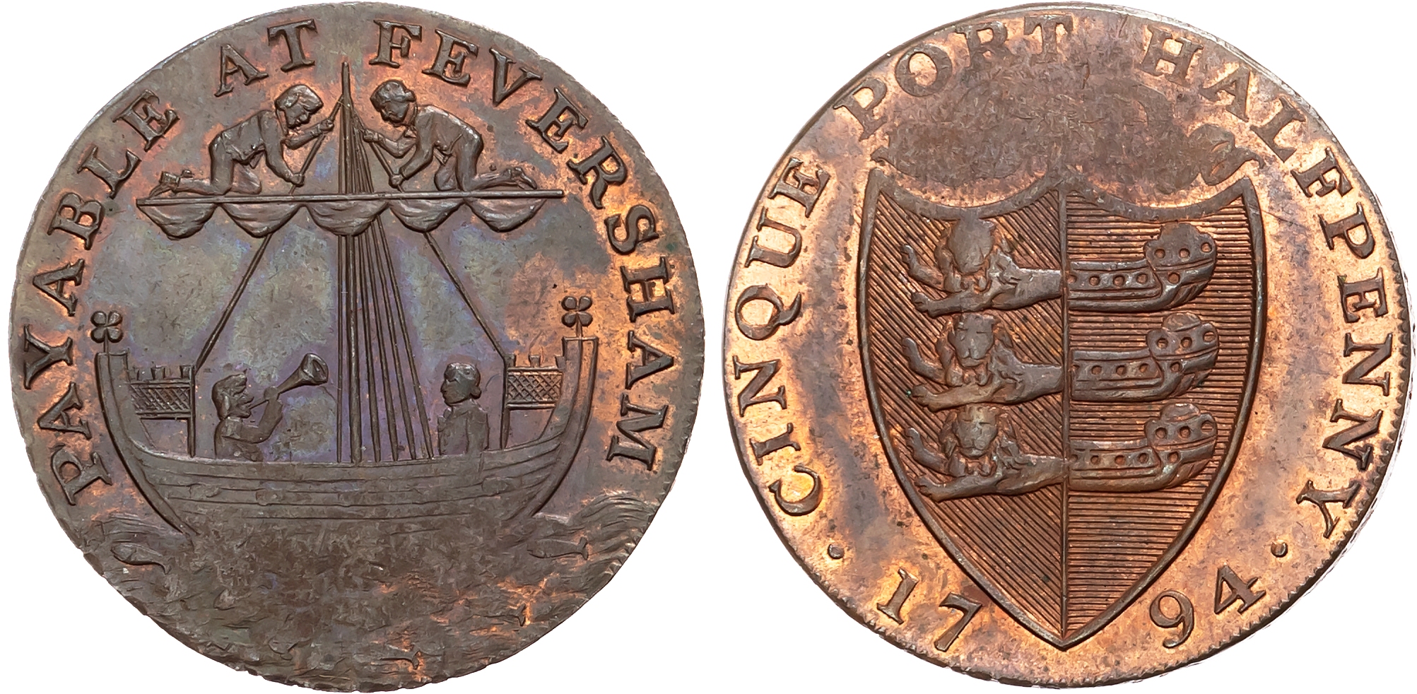 Kent . Faversham . John Crows, (brasier) Halfpenny 1794, An ancient sloop, rev. Cinque Ports Arms, edge PAYABLE AT JOHN  …