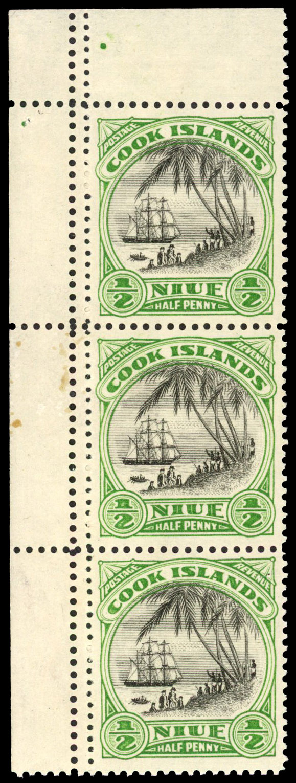 Niue SG 55a 1932 ½d strip of 3 with mixed perfs mint
