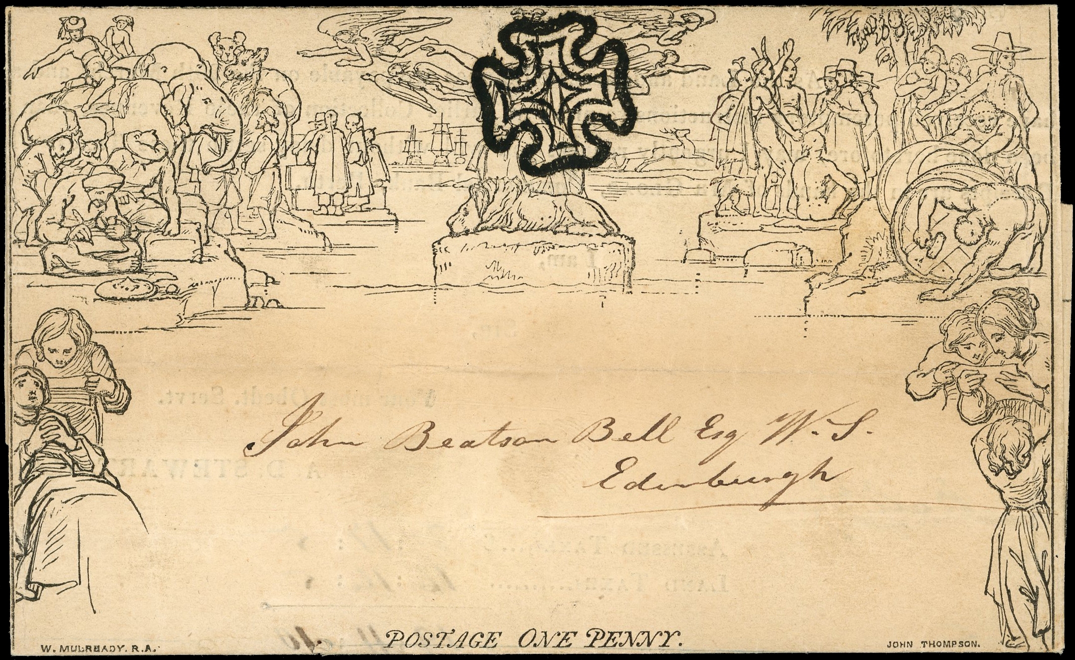 1840 Mulready wrapper Forme1, Stereo A1 Tax Collector's circular addressed to Edinburgh